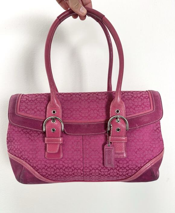 Coach Handbags - Vintage Coach Soho 7080 Pink Signature Jacquard Suede Flap Satchel Y2K Bag Rare